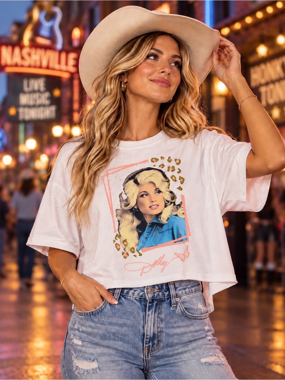 🆕 Dolly Parton Custom Print Oversized Crop Tee White OSFA